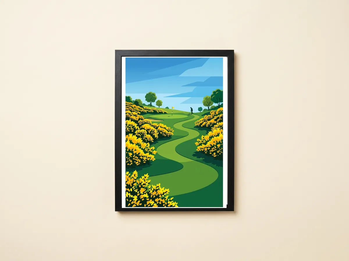 Gorse in Bloom in a black frame: a winding green fairway between banks of yellow gorse under a blue sky.