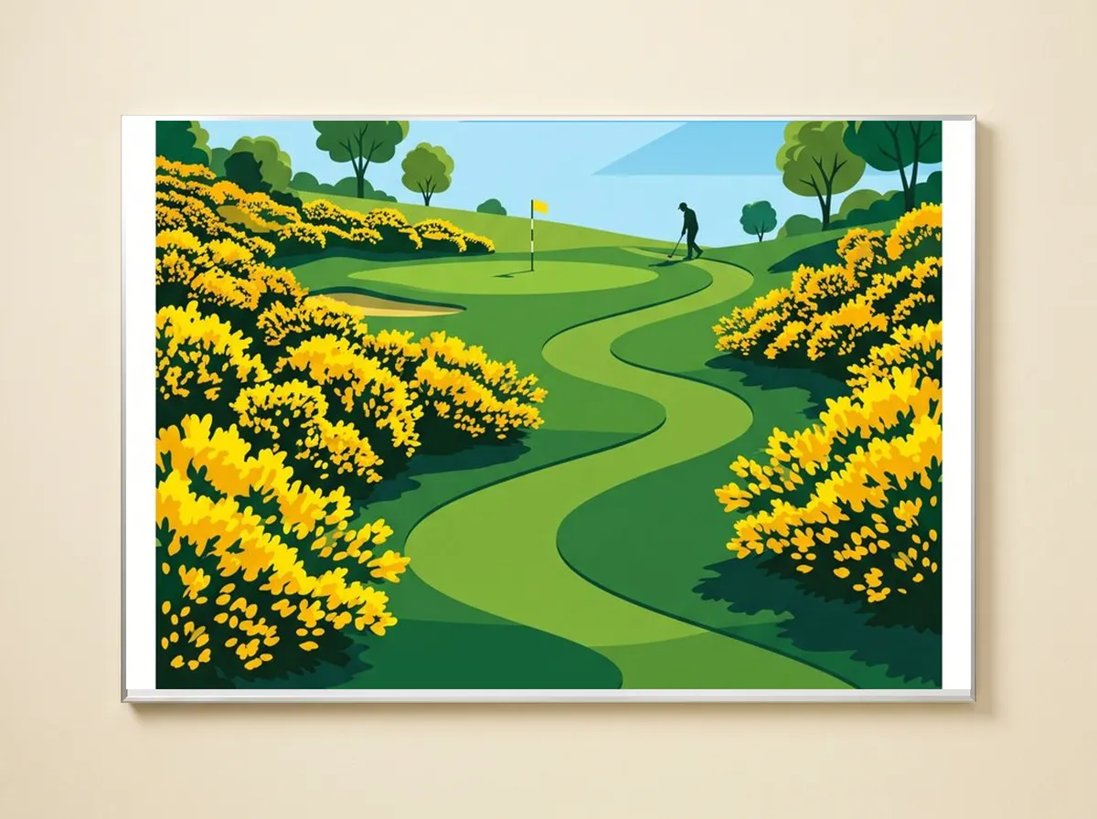 Gorse in Bloom on a metal print, cropped wide to the yellow gorse, the fairway and a small golfer by the flag.