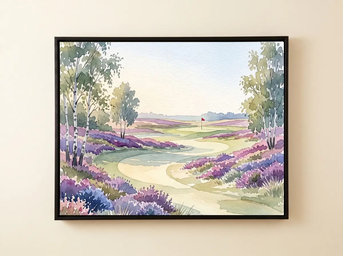 Heathland Morning on a black framed canvas: heather and birch along the fairway with a red flag far off.