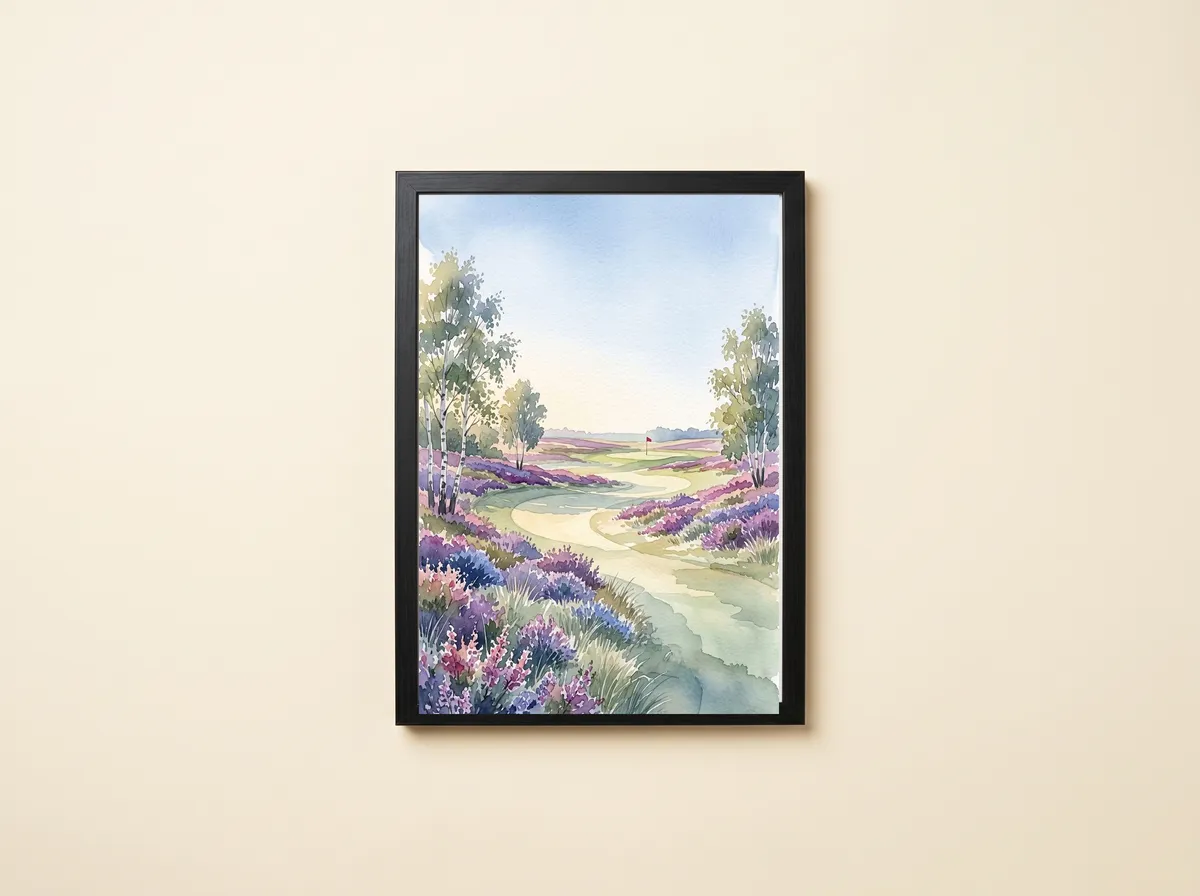 Heathland Morning in a black frame, the whole watercolour with its wide pale blue sky.