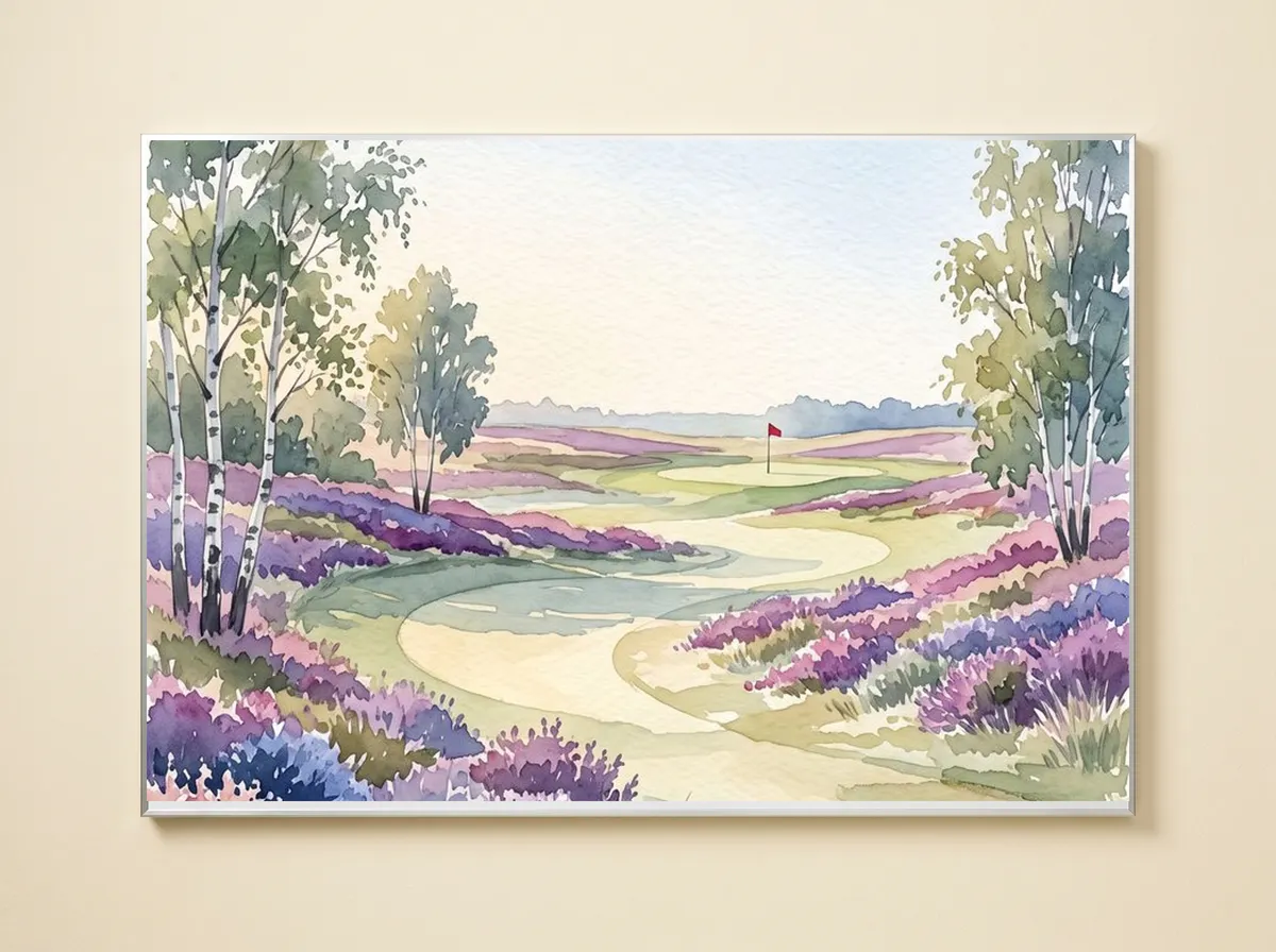 Heathland Morning on a metal print, cropped wide to silver birches, purple heather and a winding pale fairway.