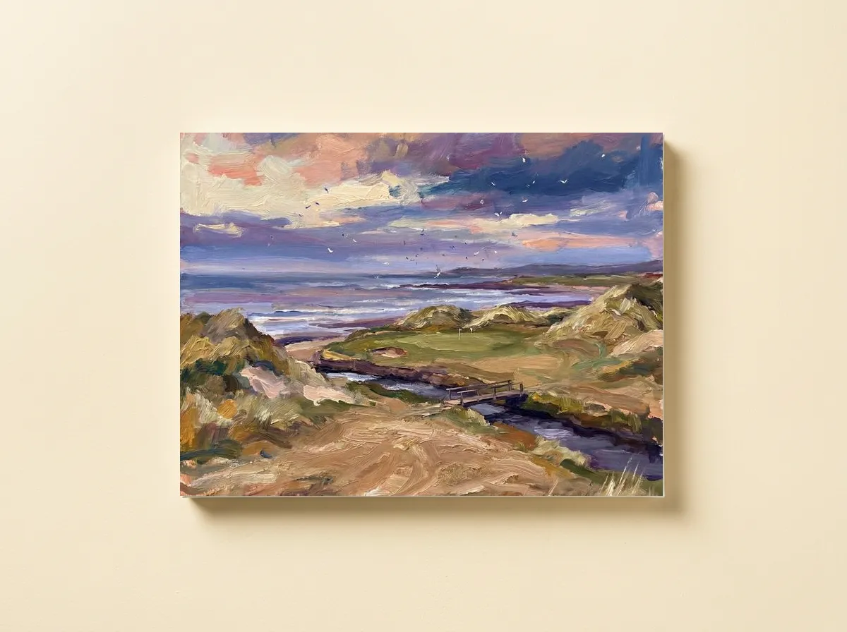 Links at Dusk on a canvas, cropped wide to the sea, the dunes, the green and the little bridge over the burn.