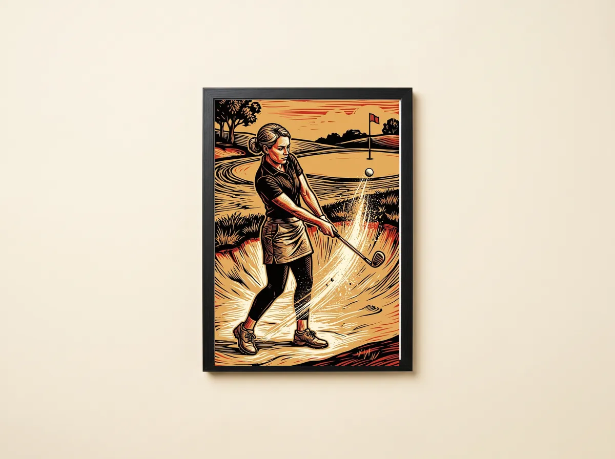 Out of the Sand in a black frame: a woman golfer blasts the ball from a bunker in a bright arc of sand.