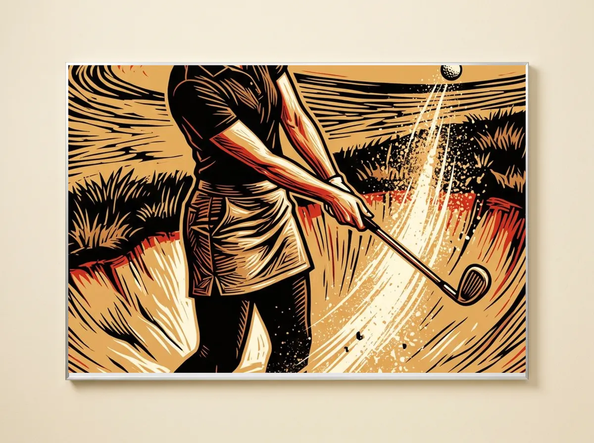 Out of the Sand on a metal print, cropped close to her arms, the club, the sand spray and the rising ball.