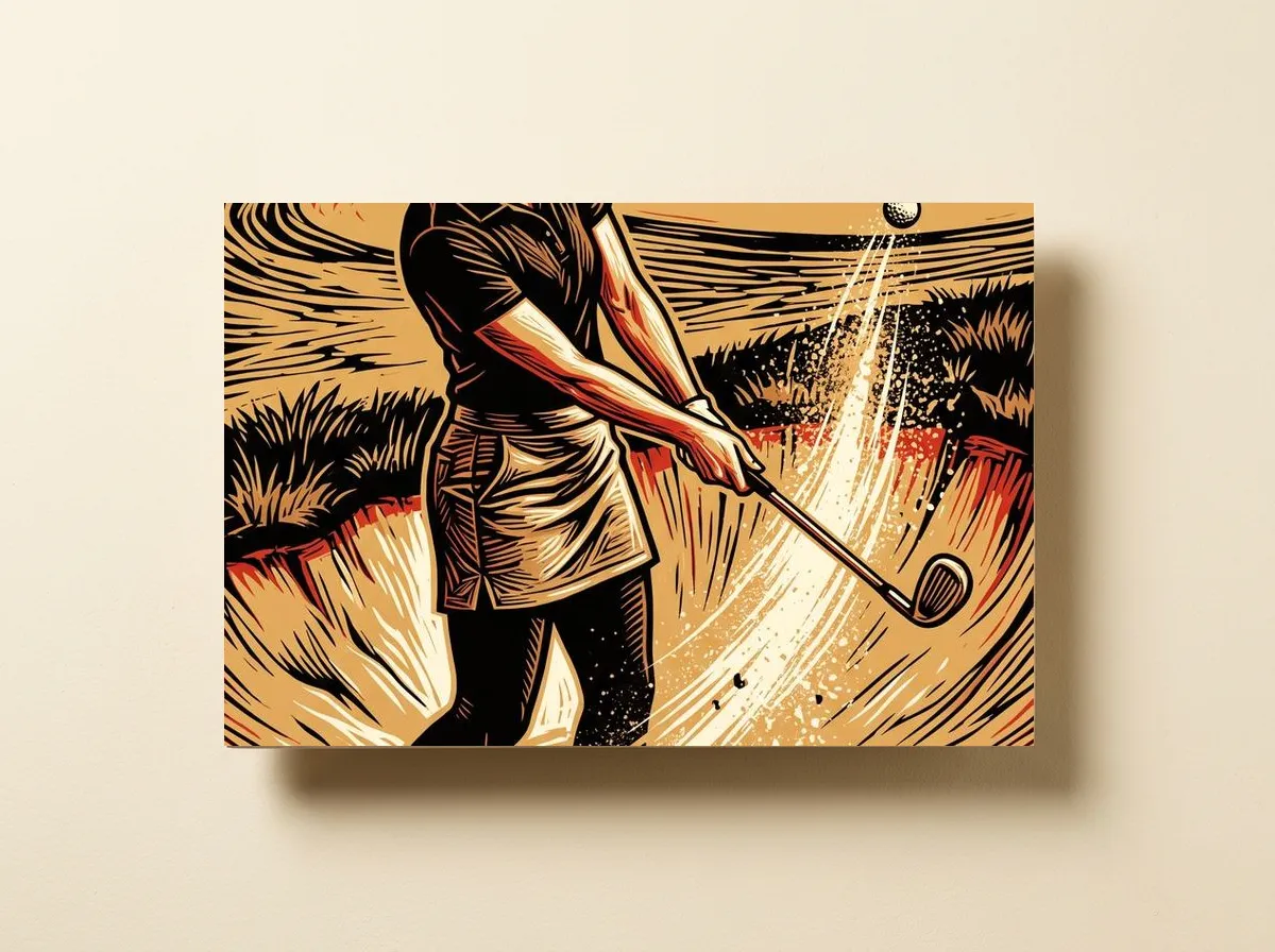 Out of the Sand on a wood print, the swing through the sand in ochre, black and red.