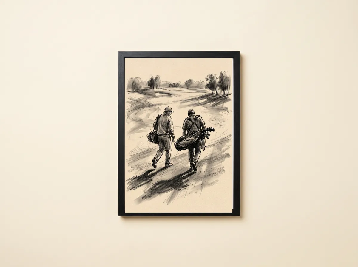 Player and Caddie in a black frame, the two figures small on the slope with trees and a green far above.