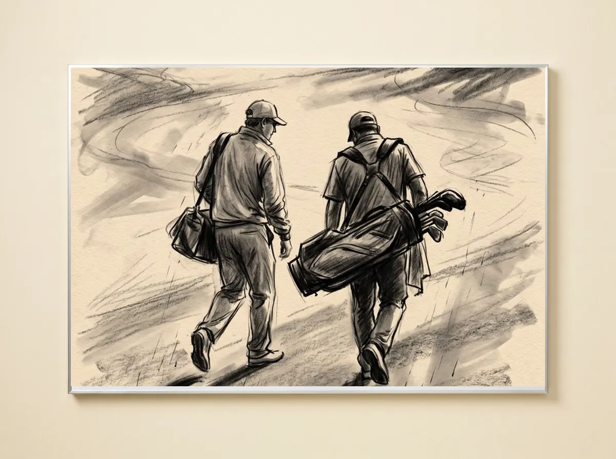 Player and Caddie on a metal print: two men seen from behind walking down a fairway, one carrying a golf bag.
