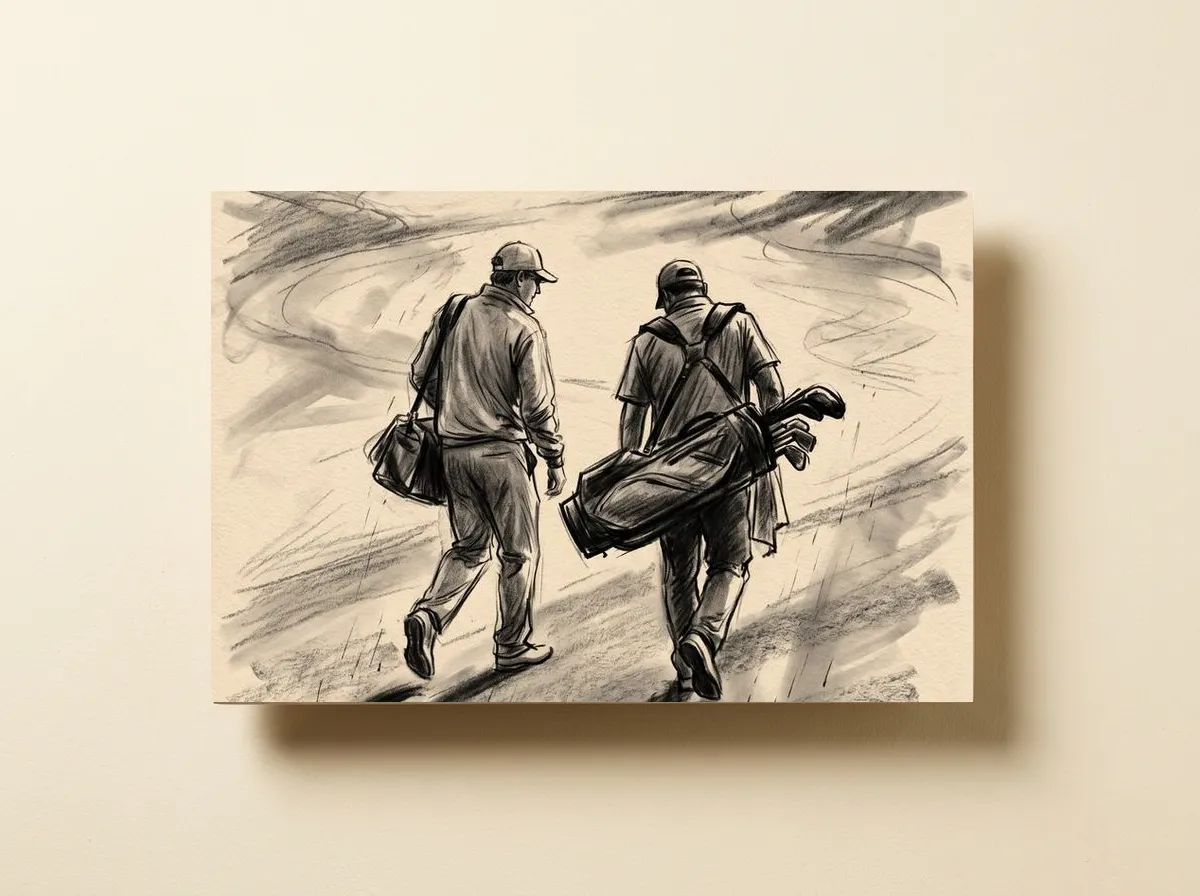 Player and Caddie on a wood print, cropped wide to the two men, their bags and their long charcoal shadows.