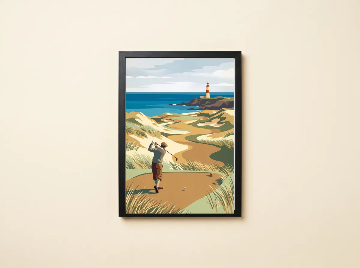 Seaside Links in a black frame: a golfer on the tee, dunes and fairways, and a red and white lighthouse by the sea.