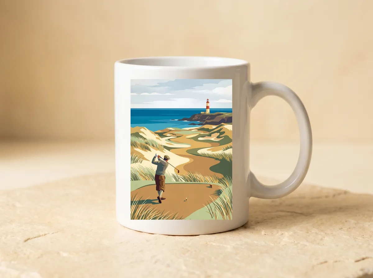 Seaside Links printed on a white mug, the lighthouse, the blue sea and the golfer on the tee all in view.