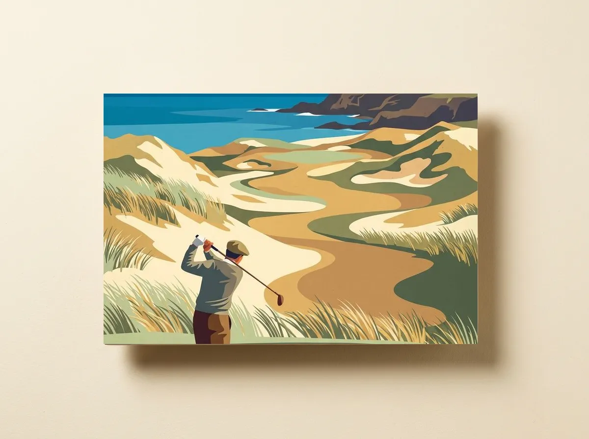 Seaside Links on a wood print, cropped wide to the golfer’s swing and the golden fairways through the dunes.