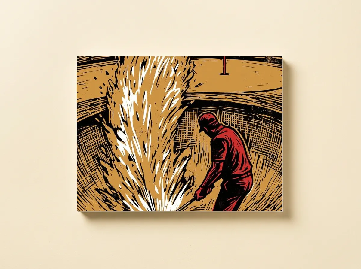 The Bunker Blast on a canvas, cropped wide to the burst of sand and the golfer in red in the bunker.