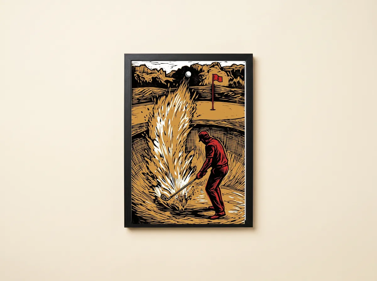 The Bunker Blast in a black frame: a golfer in red blasts a plume of sand towards a red flag.