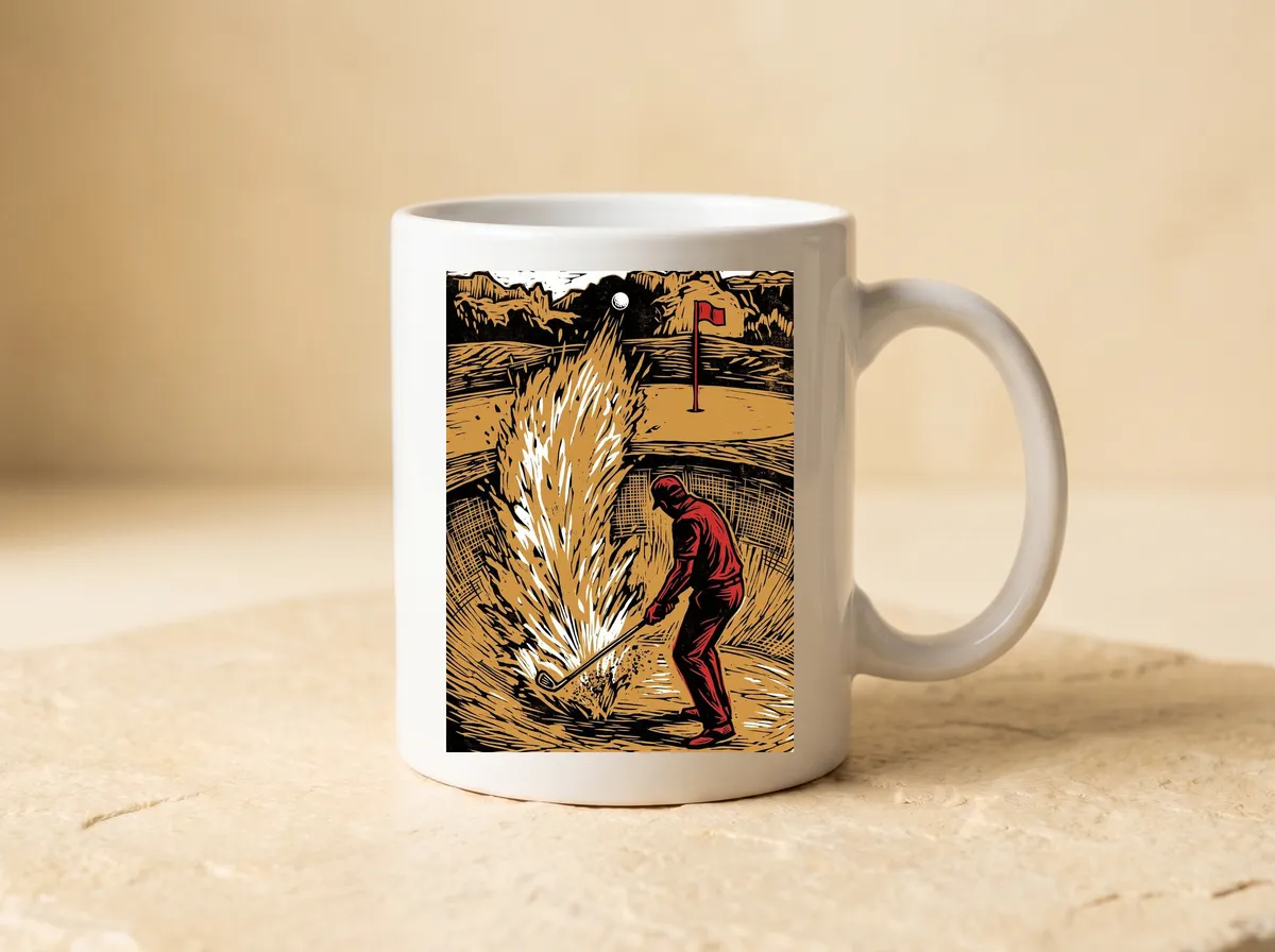 The Bunker Blast printed on a white mug, the sand plume, the flying ball and the red flag all in view.