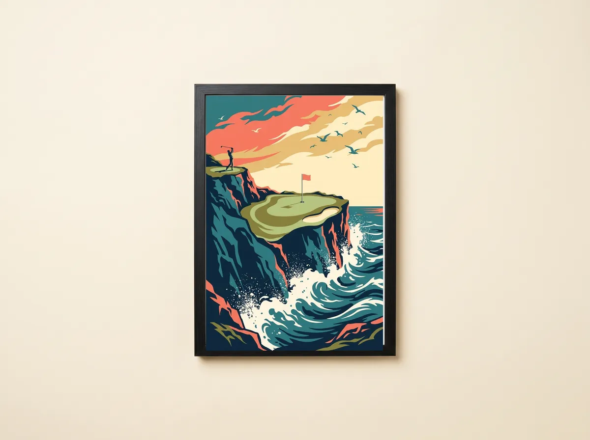 The Clifftop Short in a black frame: a green with a coral flag on a teal sea cliff above crashing white waves.