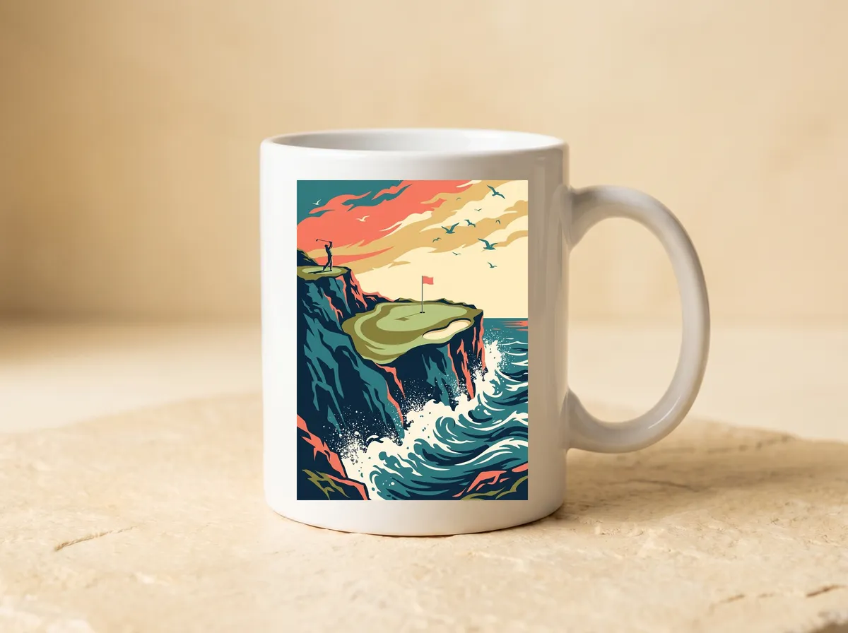The Clifftop Short printed on a white mug, the coral sky, the gulls, the green and the waves all in view.