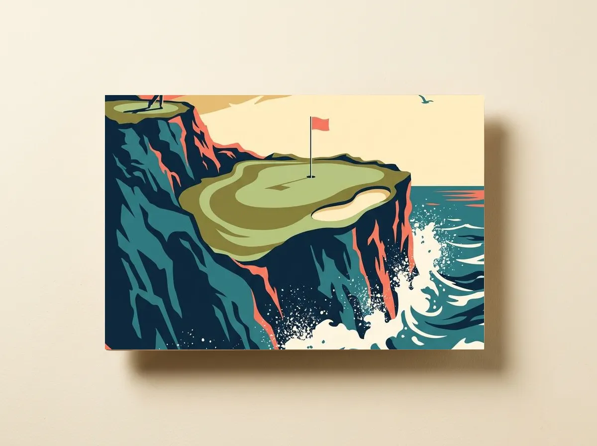The Clifftop Short on a wood print, cropped wide to the clifftop green, the waves and a golfer on the cliff at the top left.