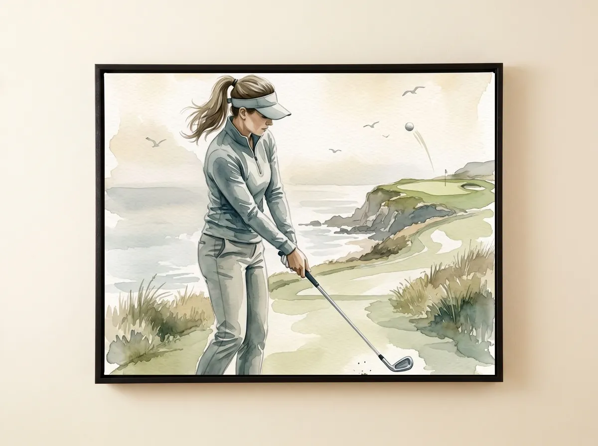 The Coastal Approach on a black framed canvas, the golfer’s swing with gulls and a hazy sea behind.