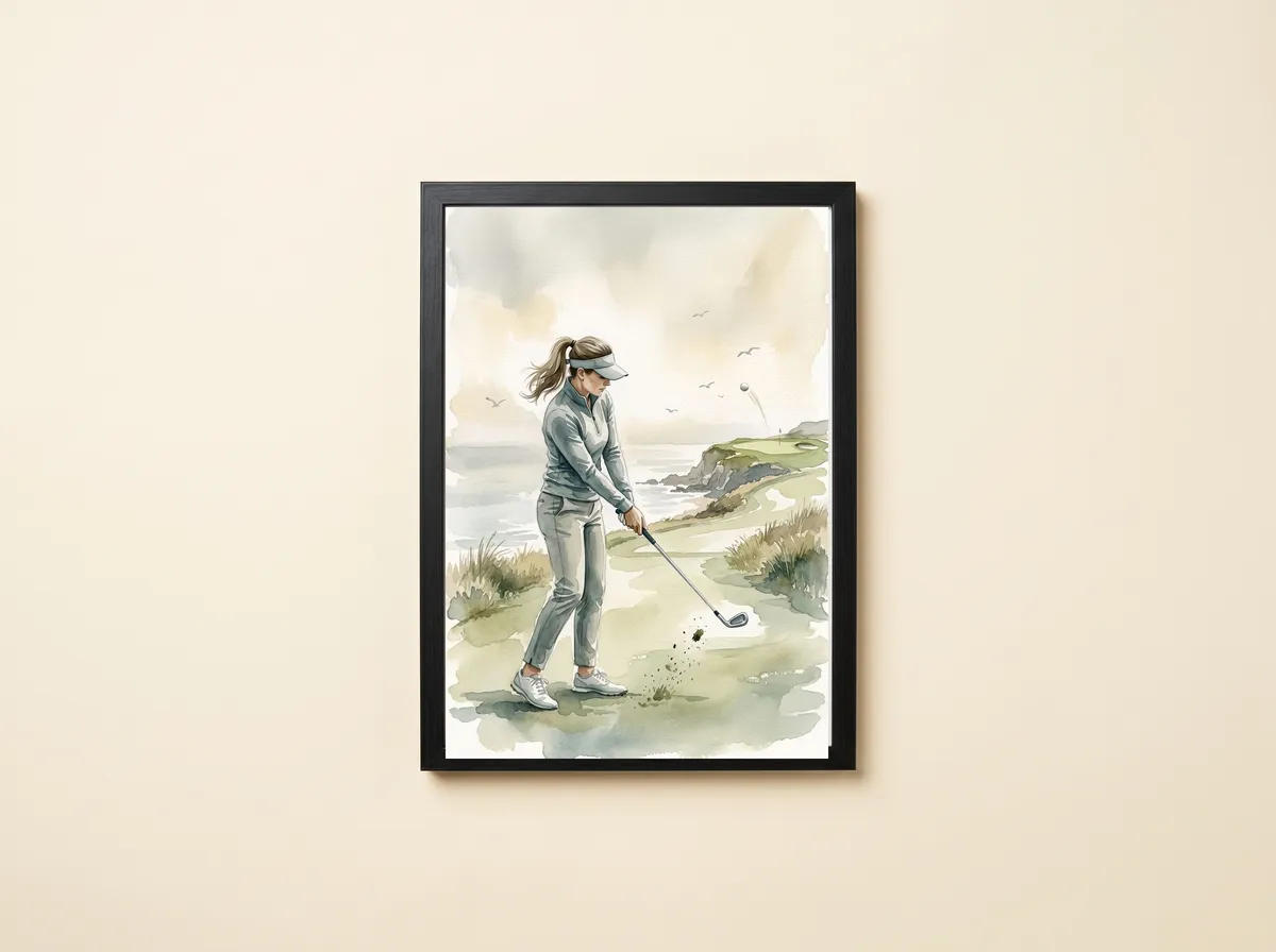 The Coastal Approach in a black frame: a woman golfer in grey strikes an iron shot on a clifftop fairway by the sea.