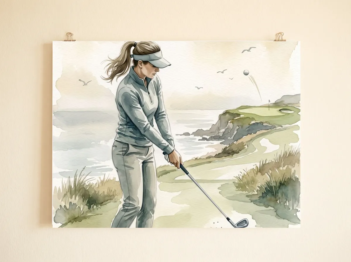 The Coastal Approach as a poster, cropped wide to the golfer, the ball in the air and the green on the headland.
