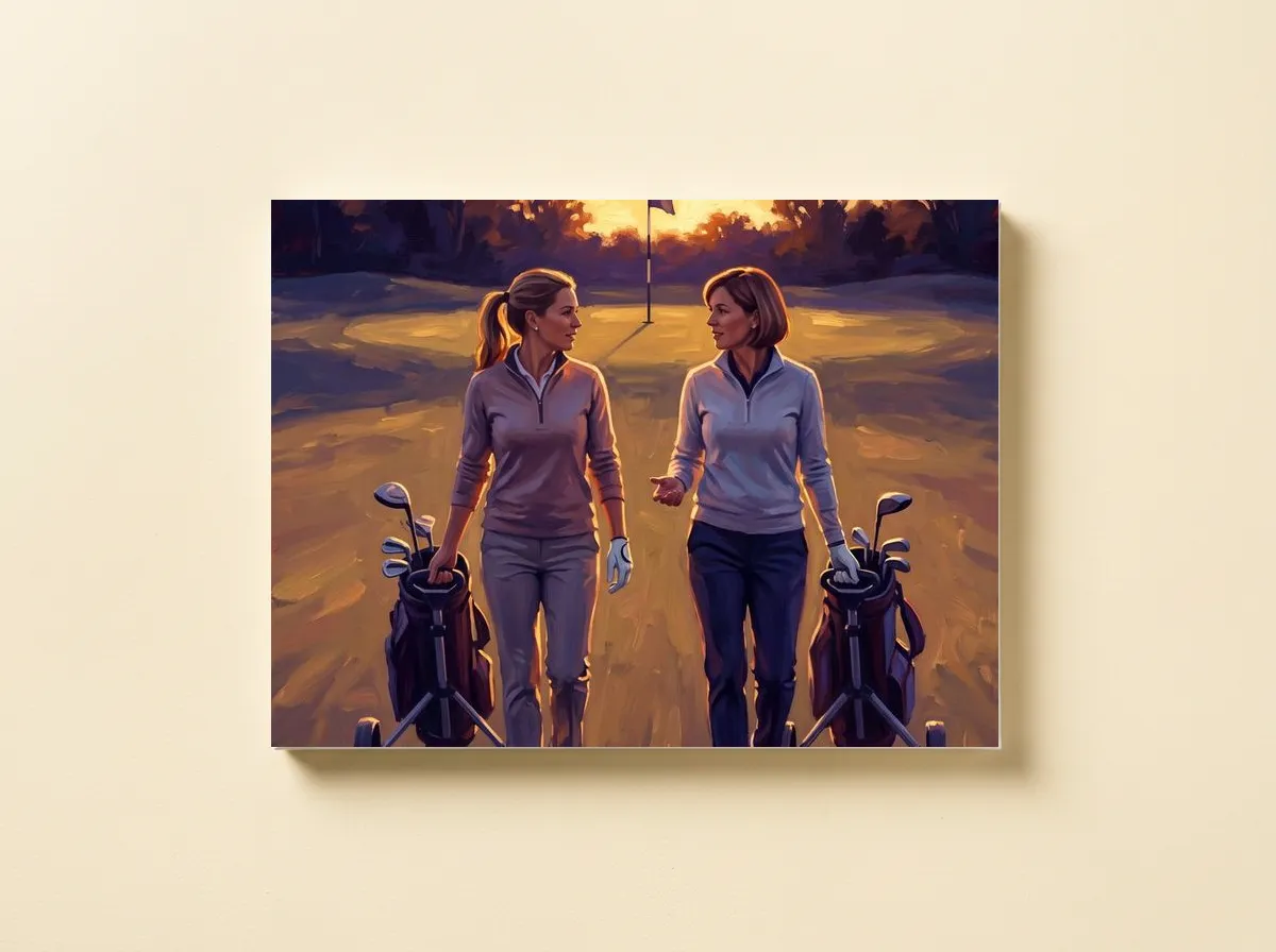 The Evening Pair on a canvas, cropped wide to the two friends, their trolleys and the flag behind them.