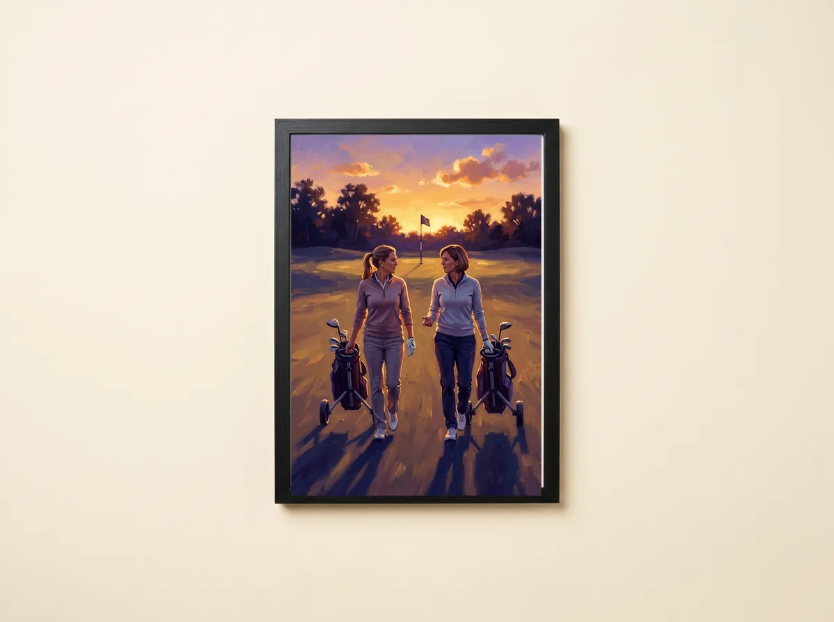 The Evening Pair in a black frame: two women pulling golf trolleys up the fairway under a gold and violet sunset.