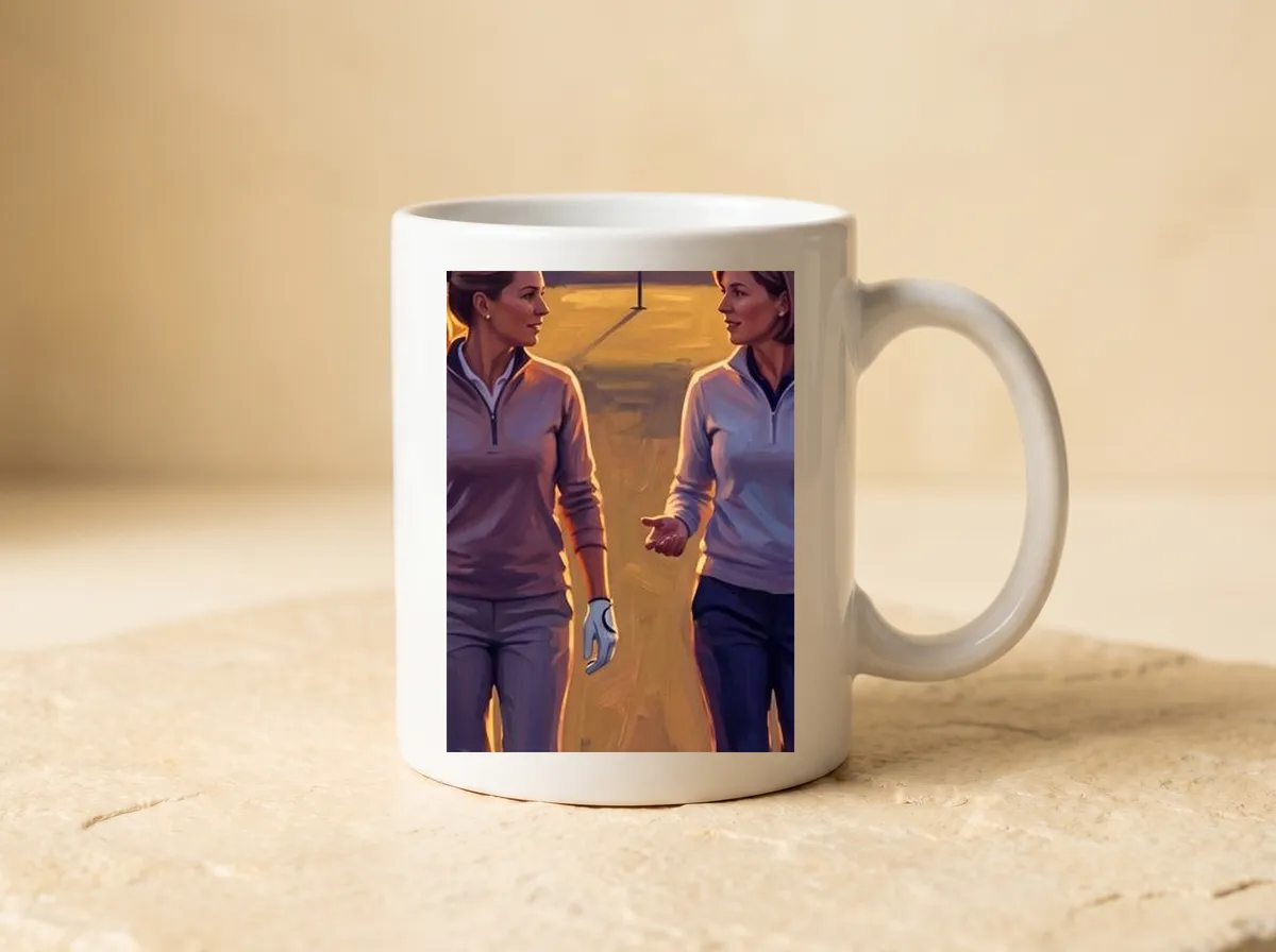 The Evening Pair printed on a white mug, cropped to the two women chatting, the flag between them.