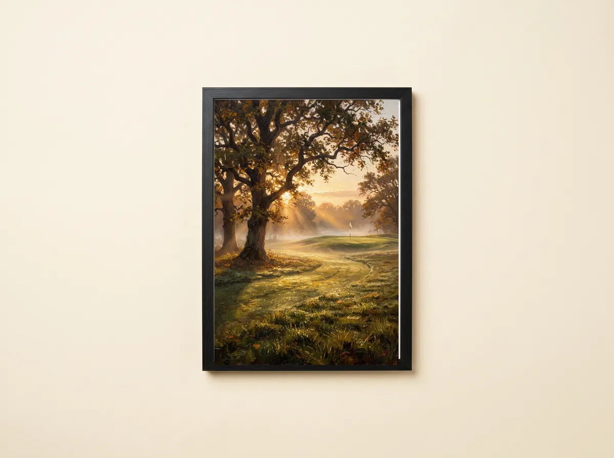 The First Tee in a black frame: a tall oak with sun breaking through its leaves above a misty fairway and a white flag.