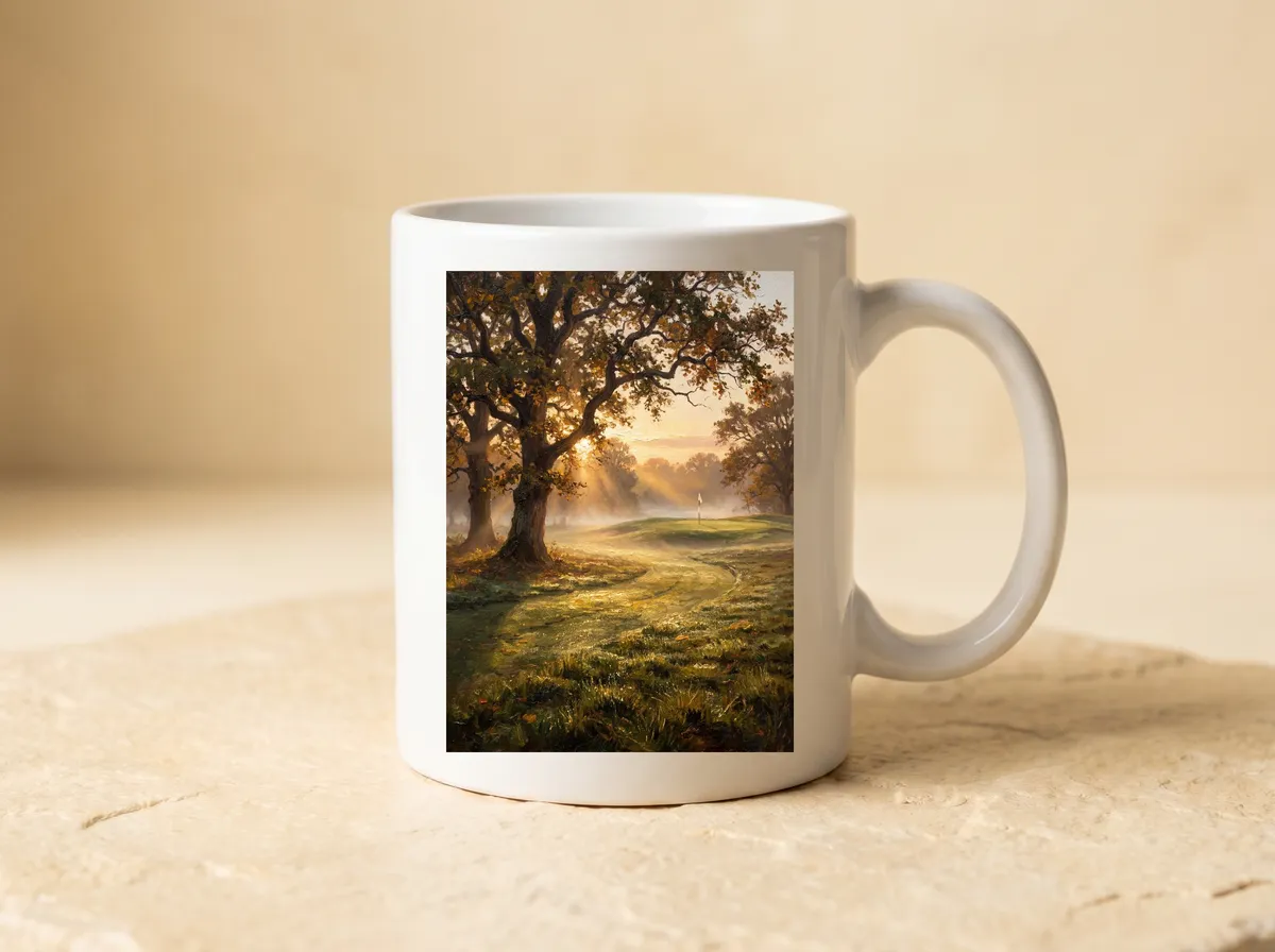 The First Tee printed on a white mug, the oak, the low sun and the curving fairway all in view.