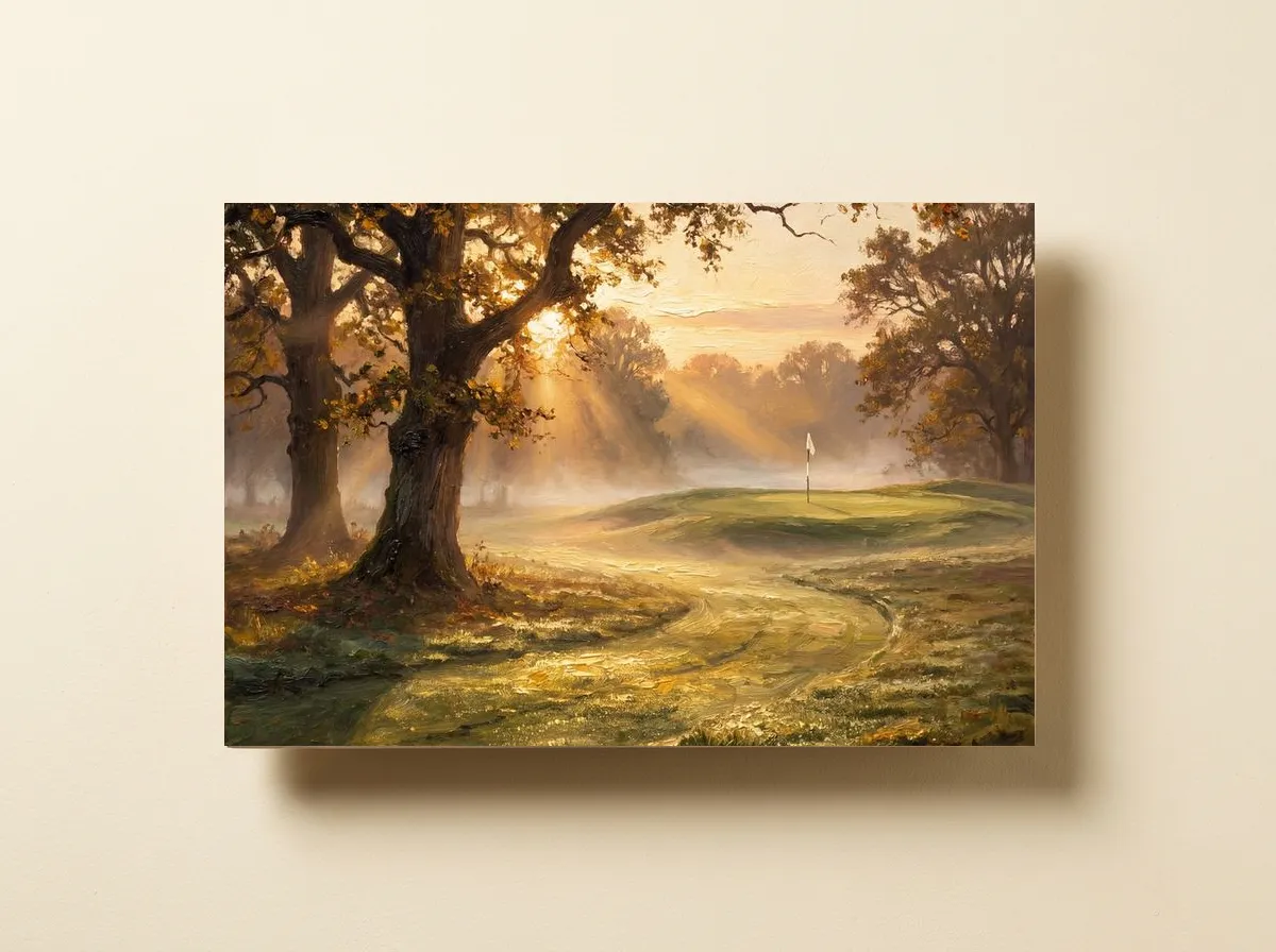 The First Tee on a wood print, cropped wide to the oak trunk, the golden sun rays and the distant green.
