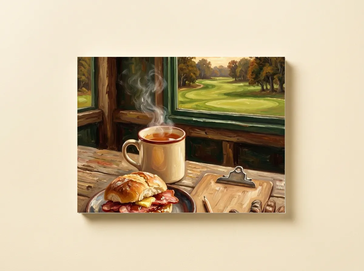 The Halfway Hut on a canvas, cropped wide to a steaming mug of tea, a bacon roll and the course through the window.