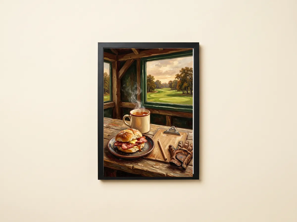 The Halfway Hut in a black frame: tea, a bacon roll, a clipboard and a golf glove on a timber counter.