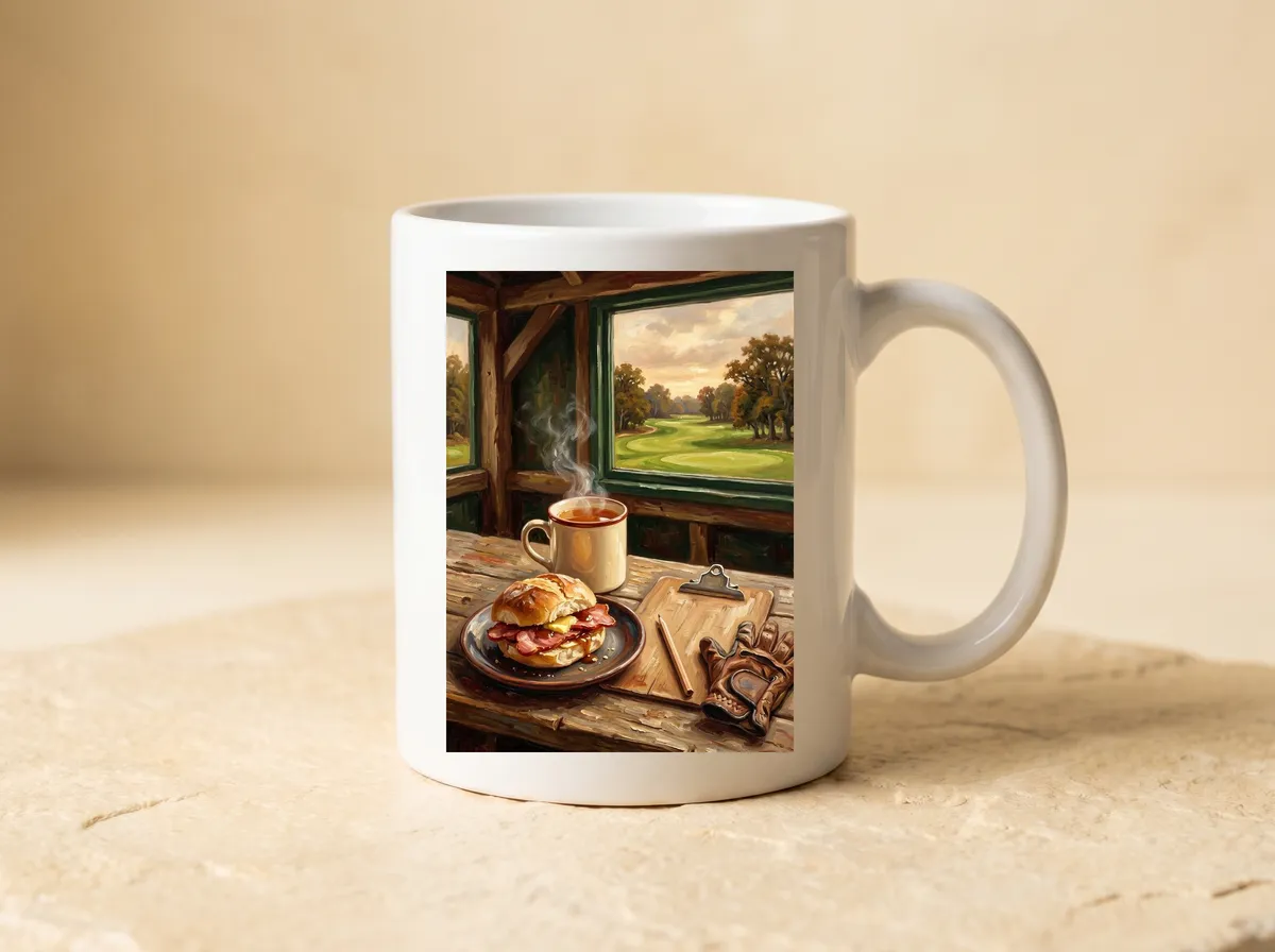 The Halfway Hut printed on a white mug, the painted mug of tea, the bacon roll and the leather glove.