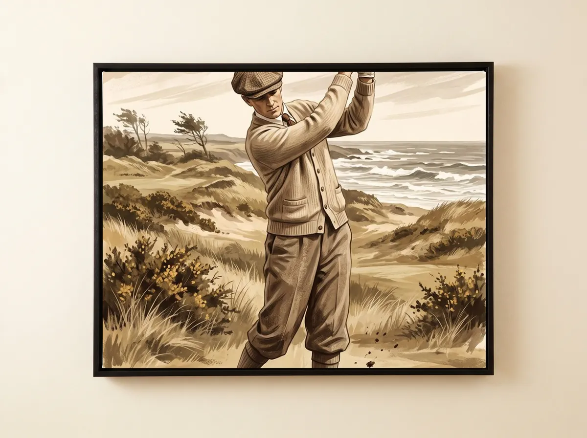 The Hickory Swing on a black framed canvas, cropped to the golfer in his cardigan with the sea behind.
