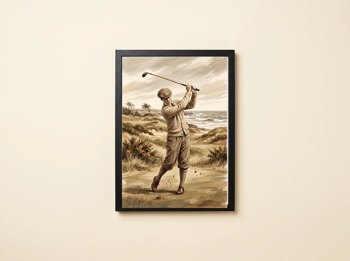The Hickory Swing in a black frame: a golfer in flat cap and plus-fours at the finish of his swing on sandy dunes.