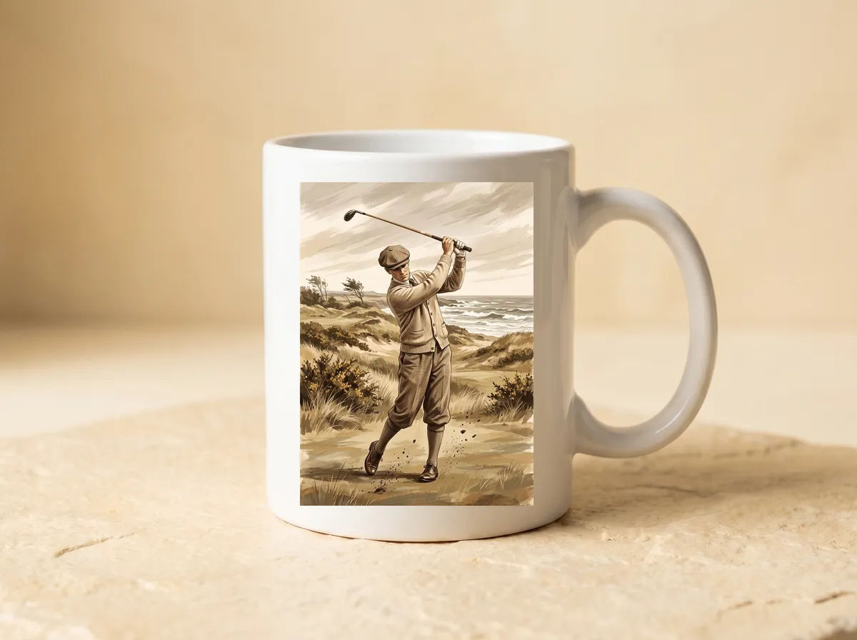 The Hickory Swing printed on a white mug, the whole golfer from raised club to brogues in sepia.