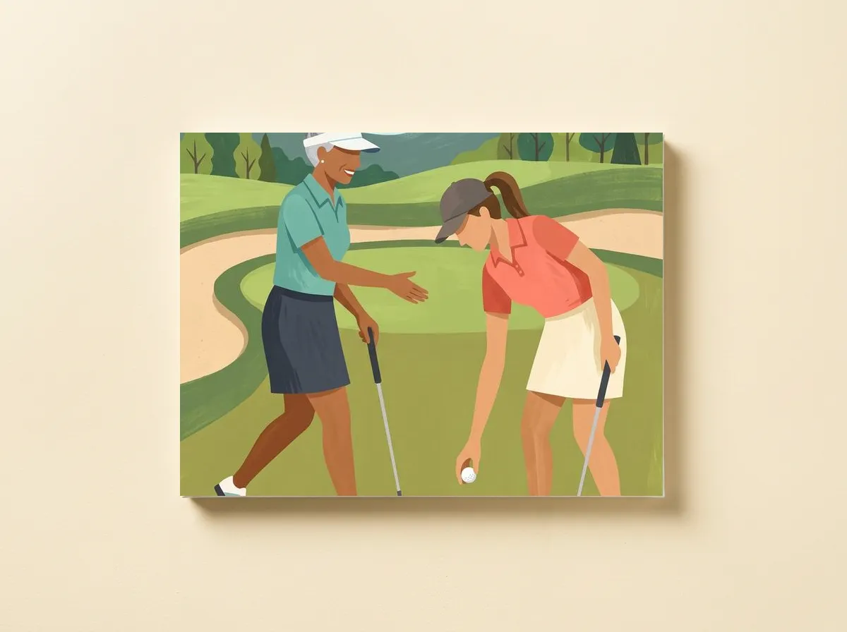 The Holed Putt on a canvas, the teal and coral shirts bright against the green and the sandy bunkers.