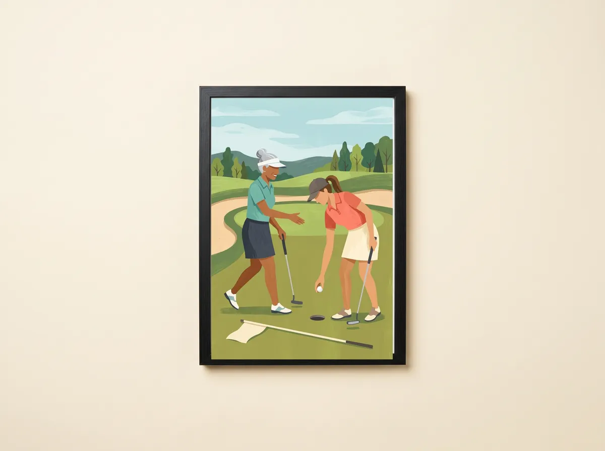 The Holed Putt in a black frame: one golfer lifts her ball from the cup as her partner offers a handshake.