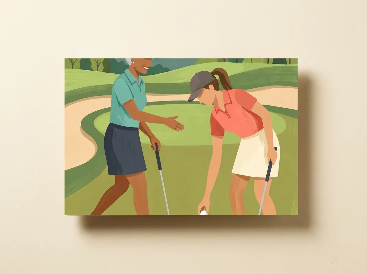The Holed Putt on a wood print, cropped wide to the two women on the green, one holding the ball.
