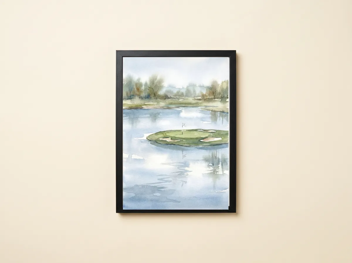 The Island Green in a black frame, the island in the middle with the tree line and reflections around it.