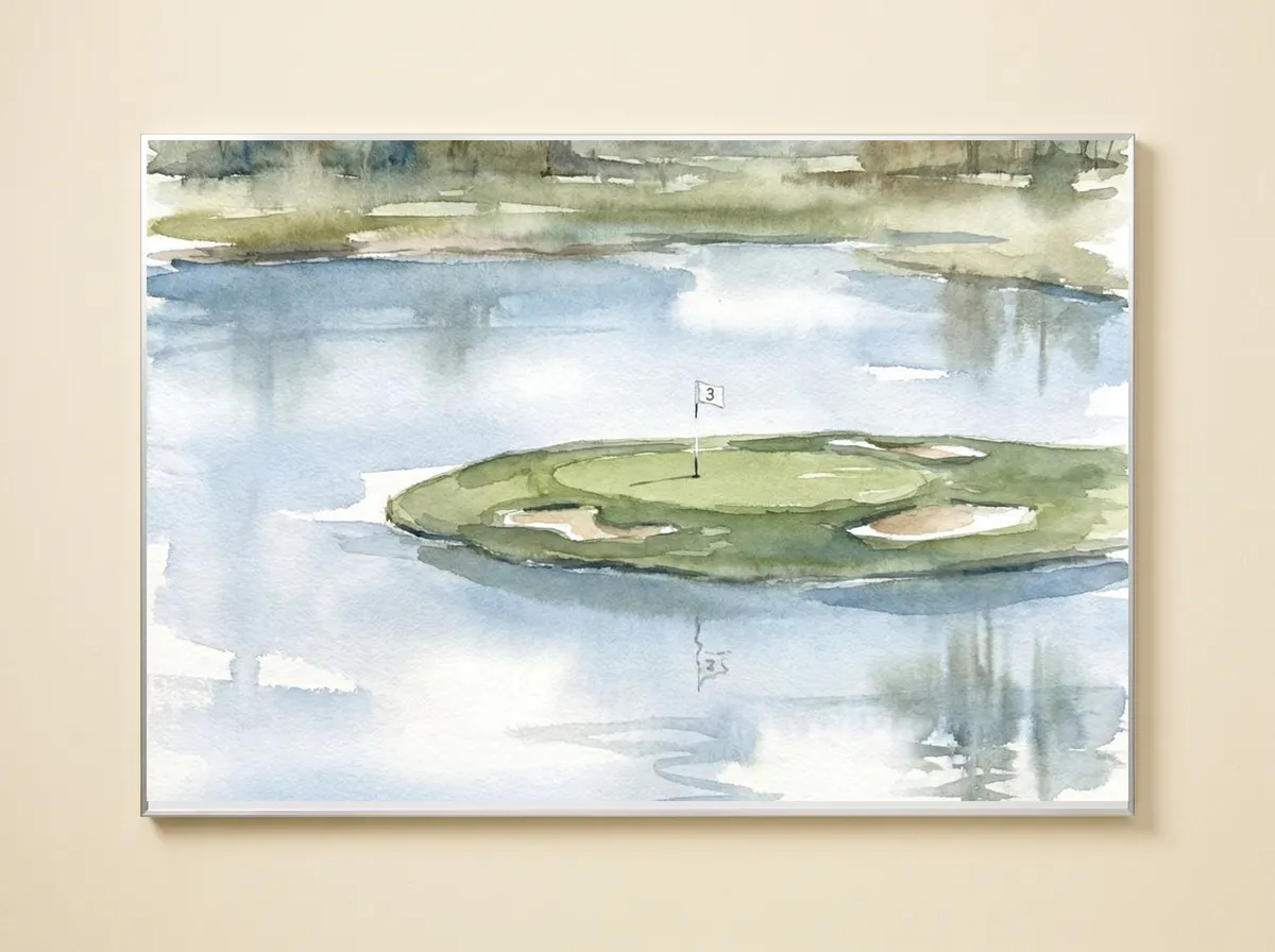 The Island Green on a metal print: a small green with sand bunkers and one flag in a still, pale blue lake.