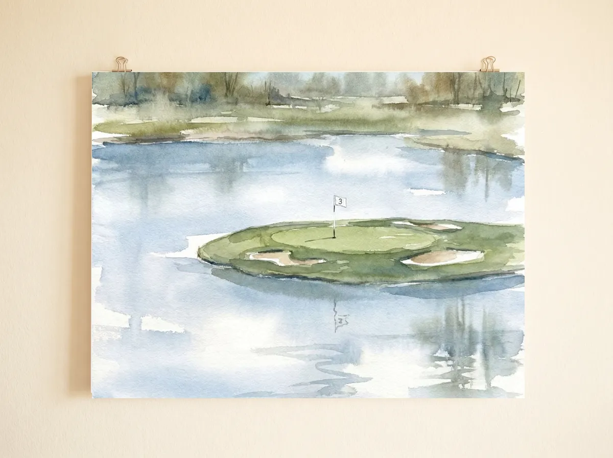 The Island Green as a poster, cropped wide to the far trees, the island and the flag&rsquo;s reflection in the water.
