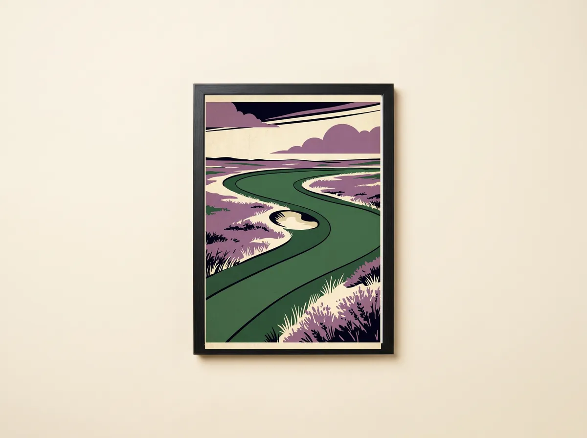 The Long Fourth in a black frame, the whole heathland dogleg with purple clouds and a dark ink sky at the top.