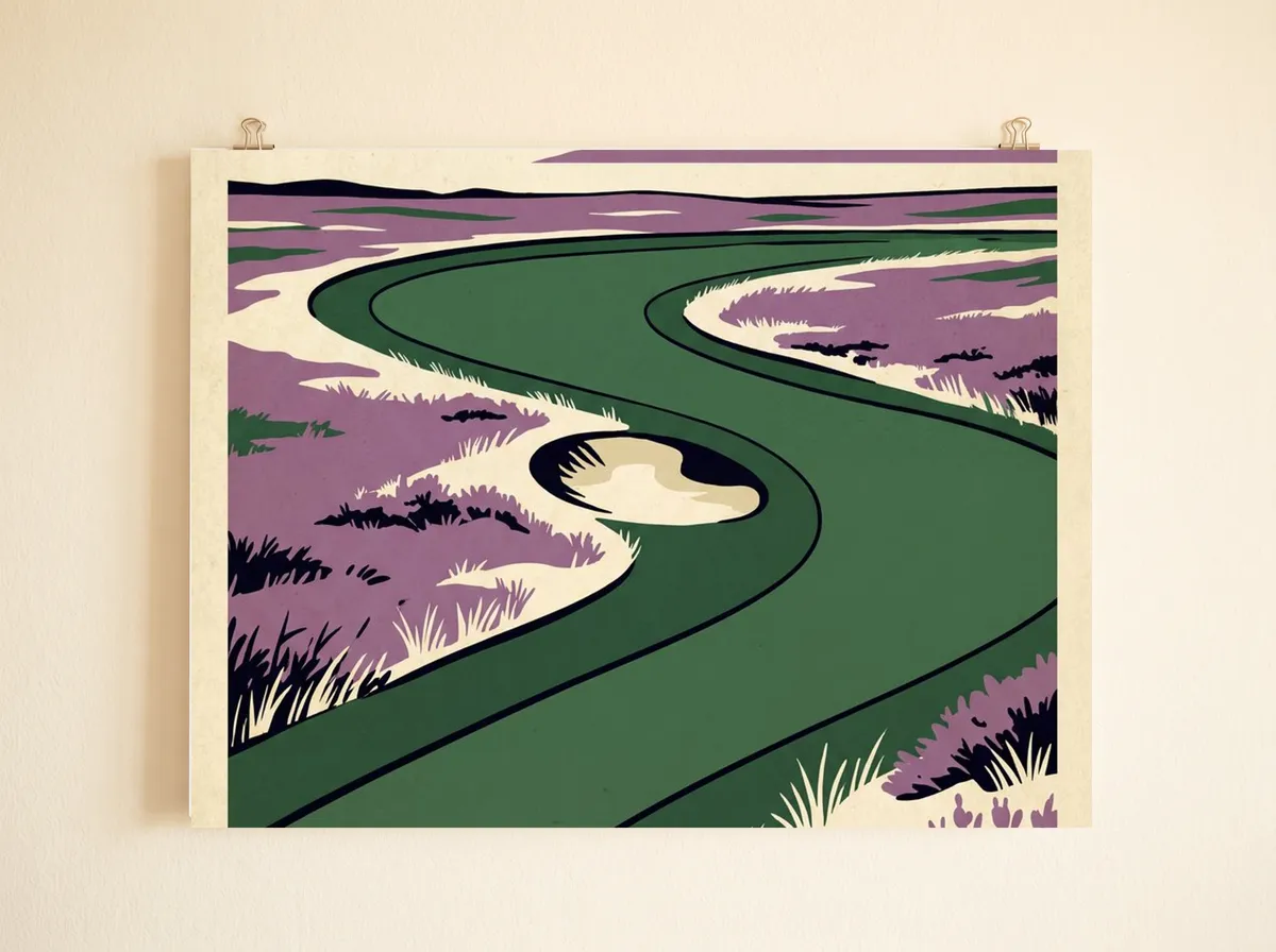 The Long Fourth as a poster, cropped to the green S-shaped fairway, the cream bunker and the purple heather.