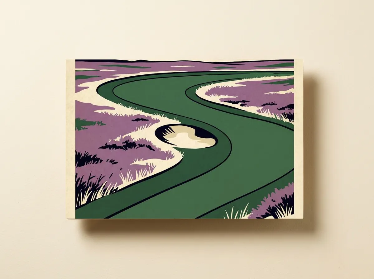 The Long Fourth on a wood print, the bending fairway and bunker in flat green, cream and purple.