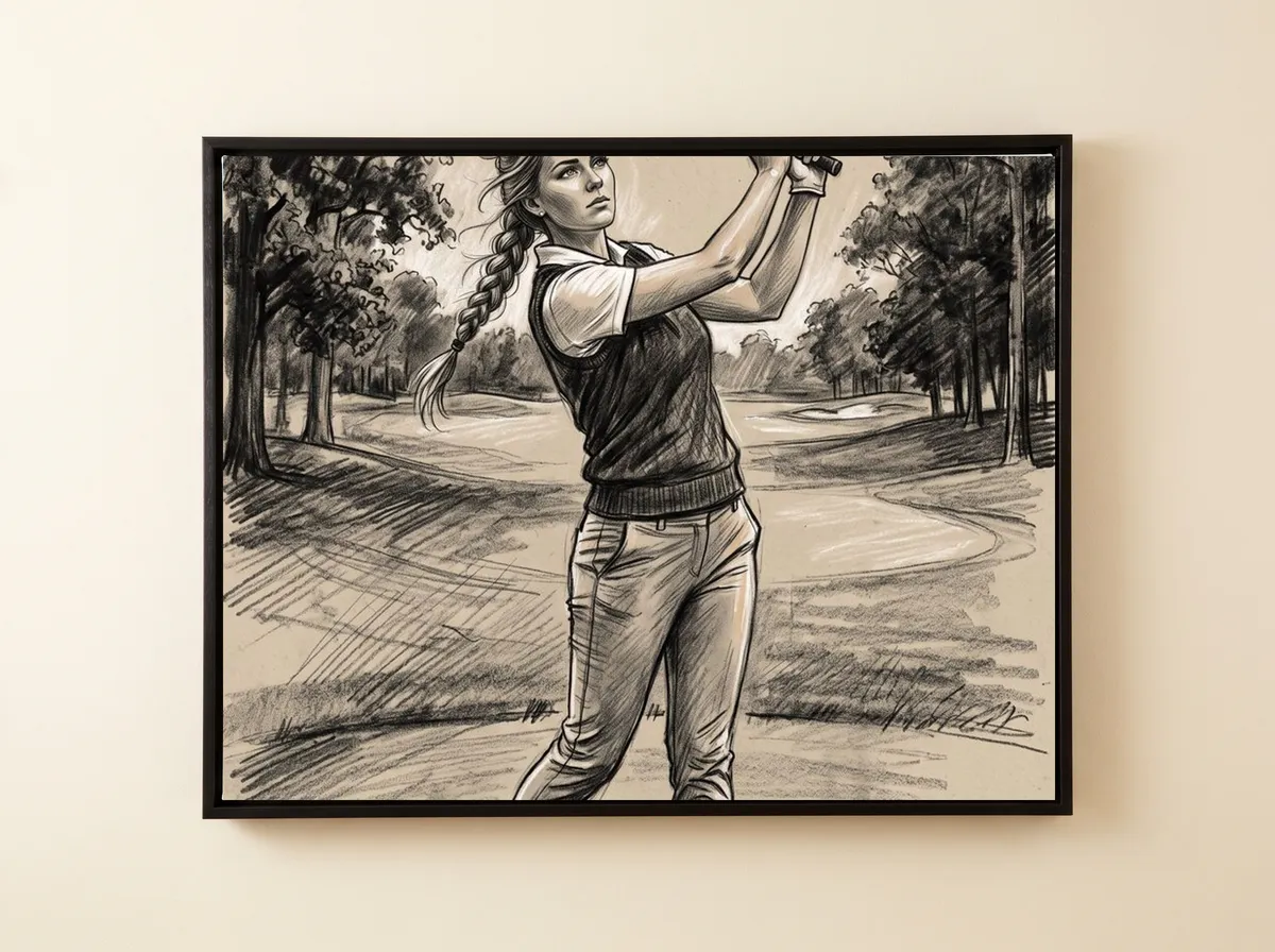 The Morning Drive on a black framed canvas, cropped to the golfer from the head down to the knees.