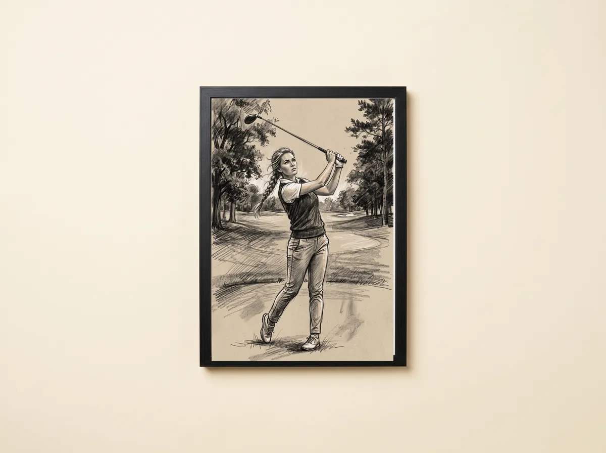 The Morning Drive in a black frame: a woman with a long plait holds a high finish on a tree-lined fairway.