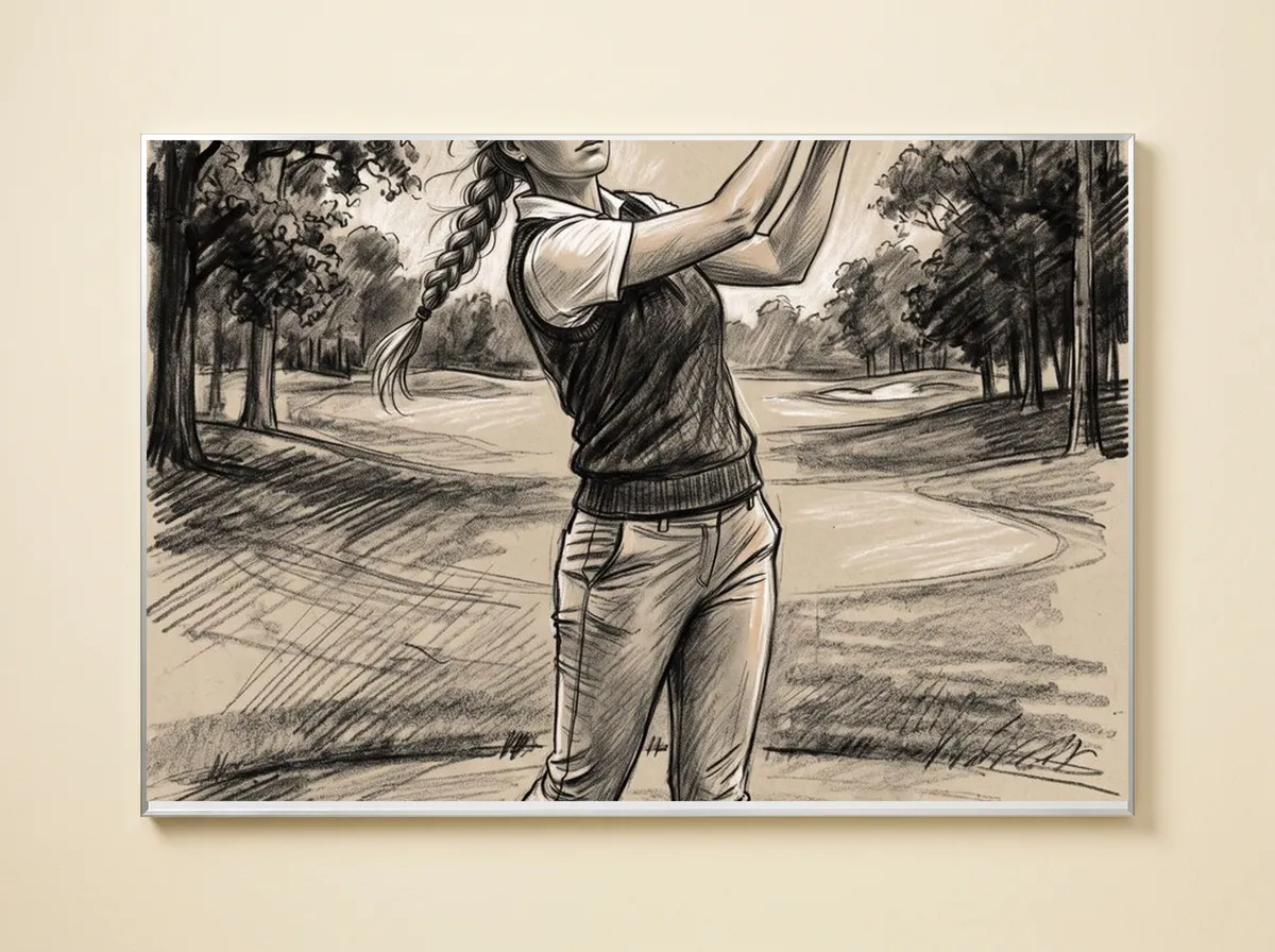 The Morning Drive on a metal print, cropped wide to her body, the plait and the trees along the fairway.