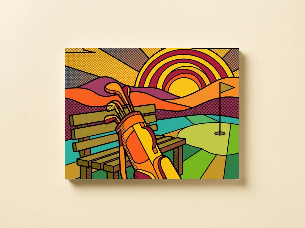 The Nineteenth on a canvas, cropped wide to the bench, the bag of clubs, the setting sun and the flag.
