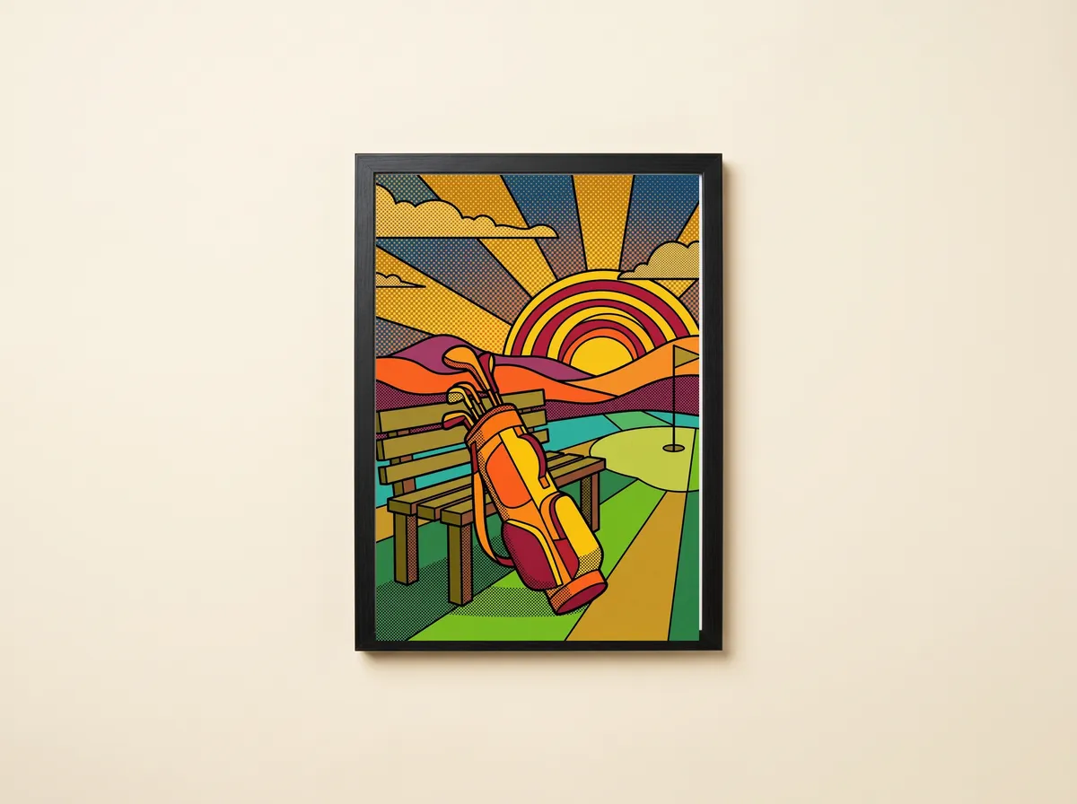 The Nineteenth in a black frame, the whole pop-art scene with sun rays, clouds, bench and bag.